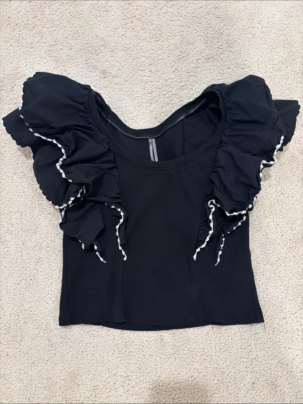 Anthropologie Black Top with White Trim Ruffles